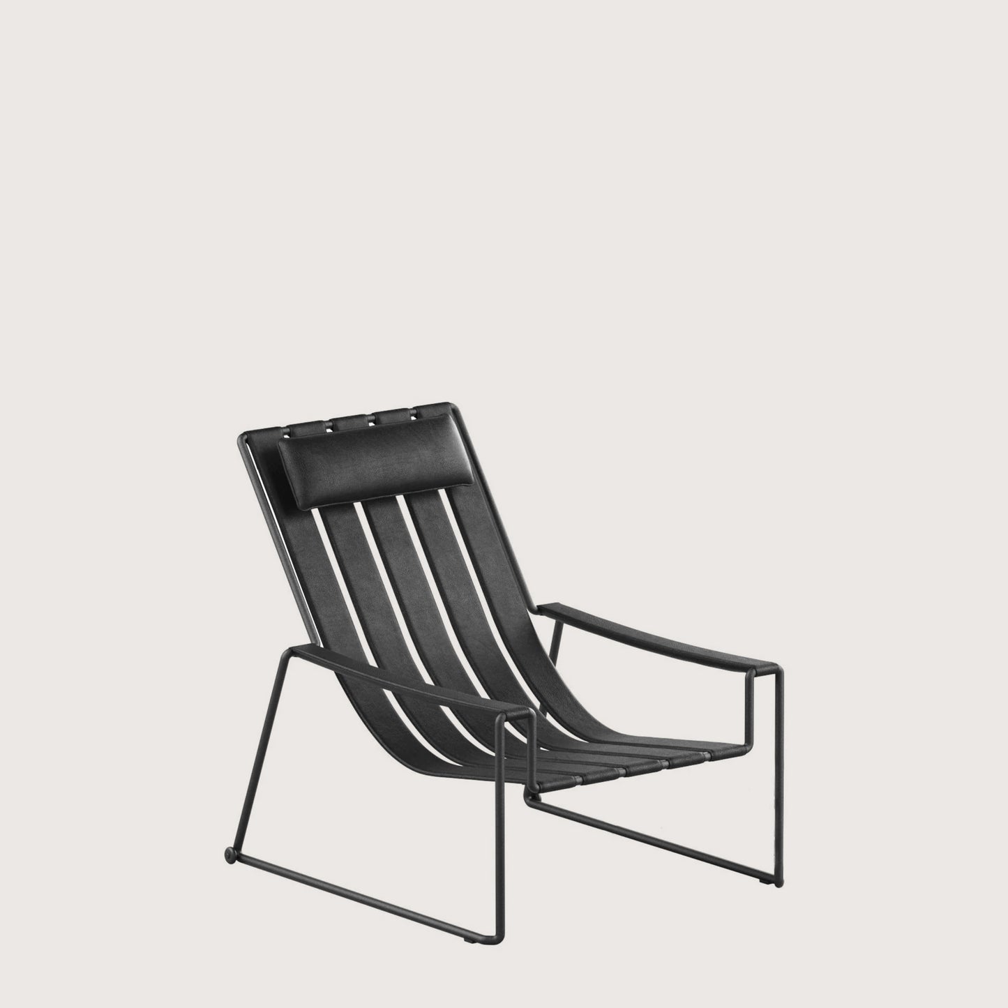 Modern black strappy lounge chair with sleek metal frame, ideal for contemporary home decor seating.