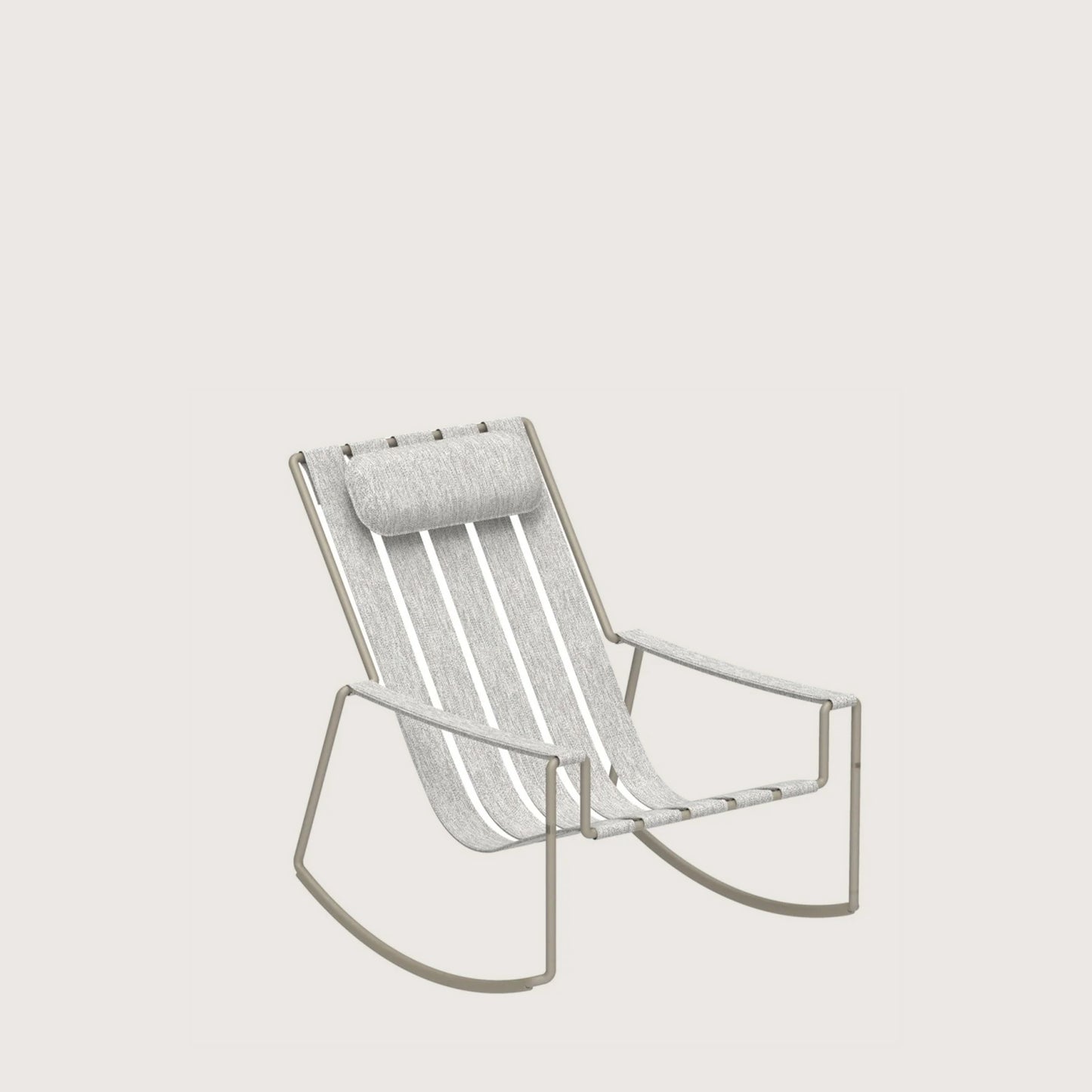 Modern strappy rocking chair with a sleek metal frame and cushioned backrest, ideal for stylish home decor and comfortable seating.