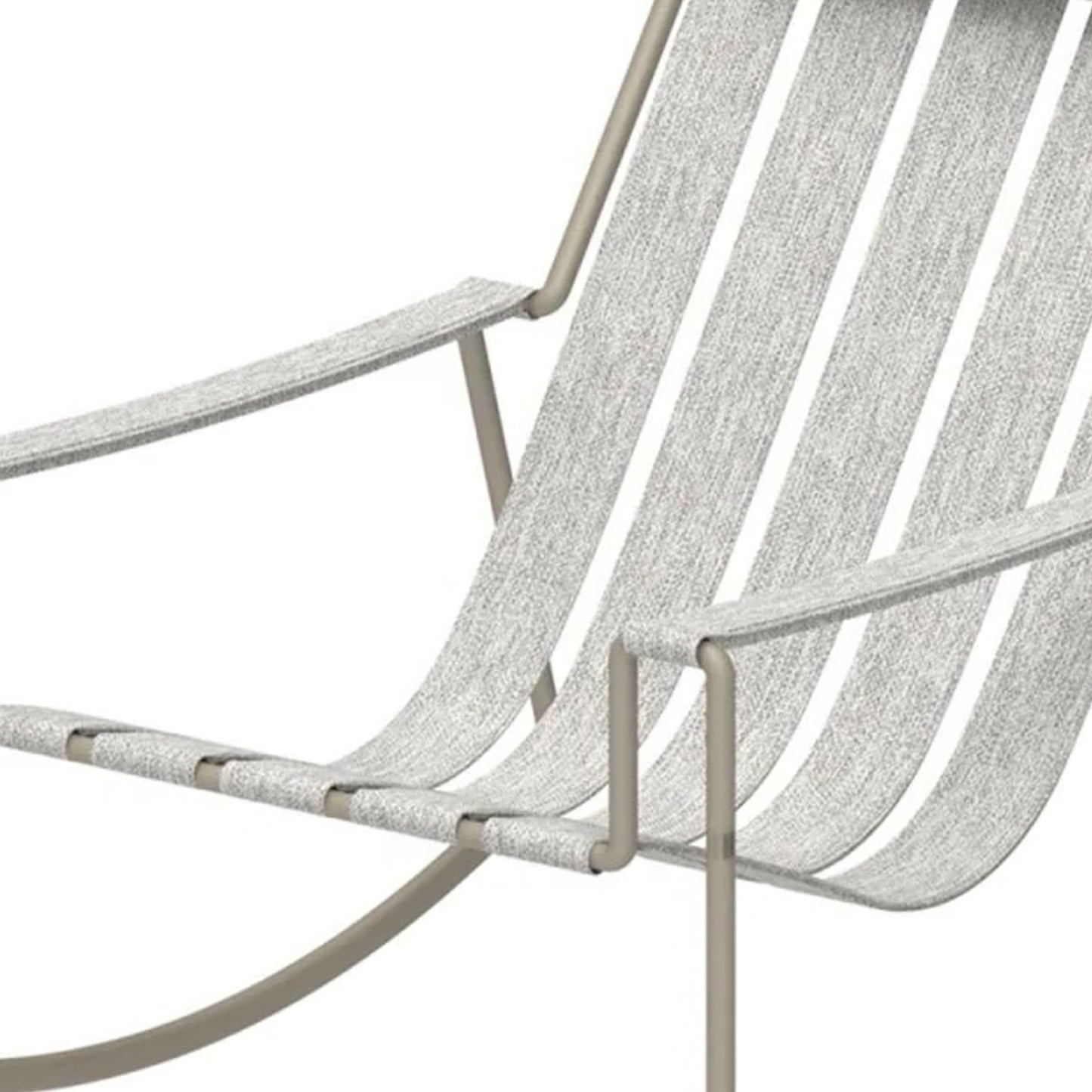 Modern strappy rocking chair with a sleek metal frame and comfortable fabric slings.