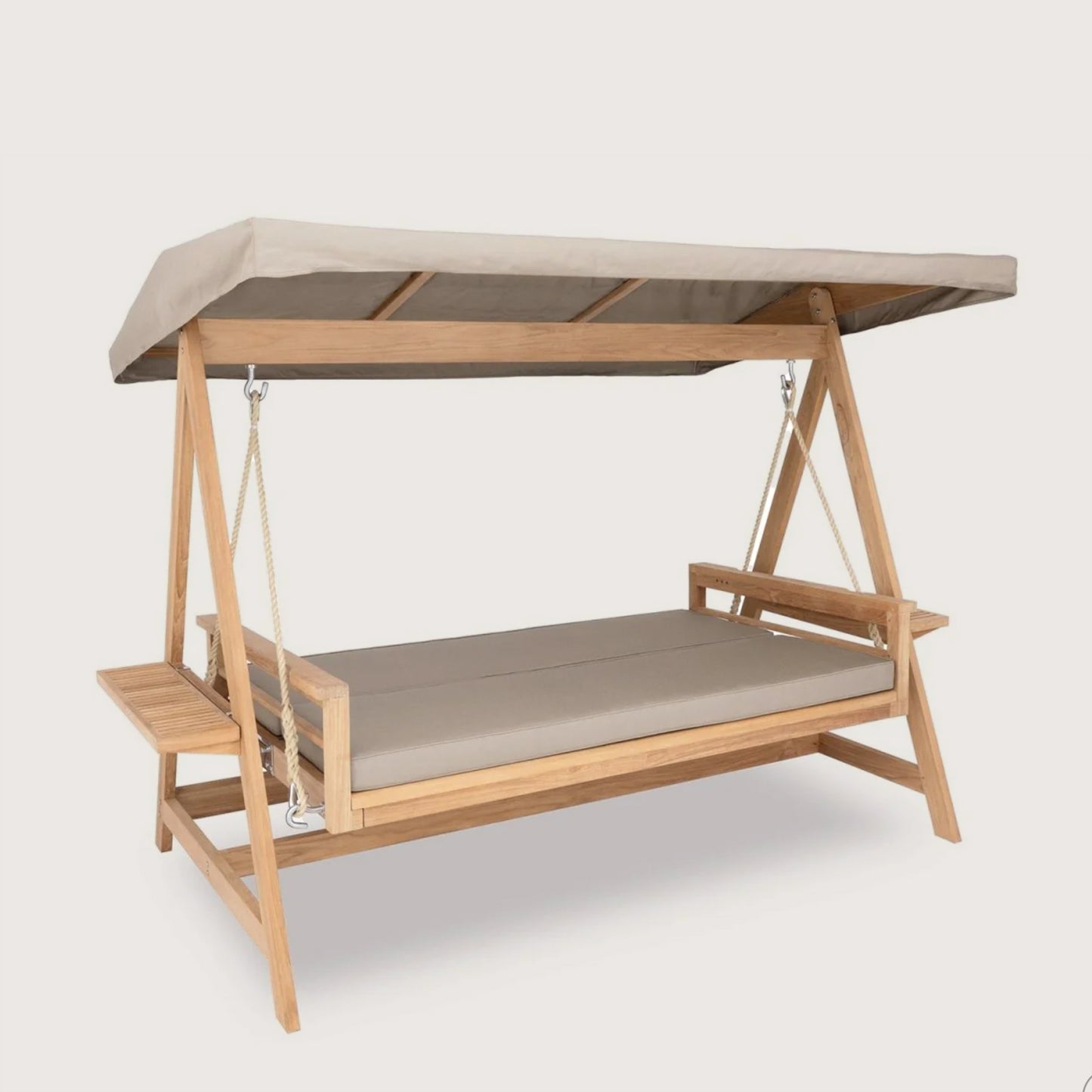 SULTAN swing bed with canopy in beige, featuring a sturdy wooden frame and cushioned seat for outdoor relaxation.