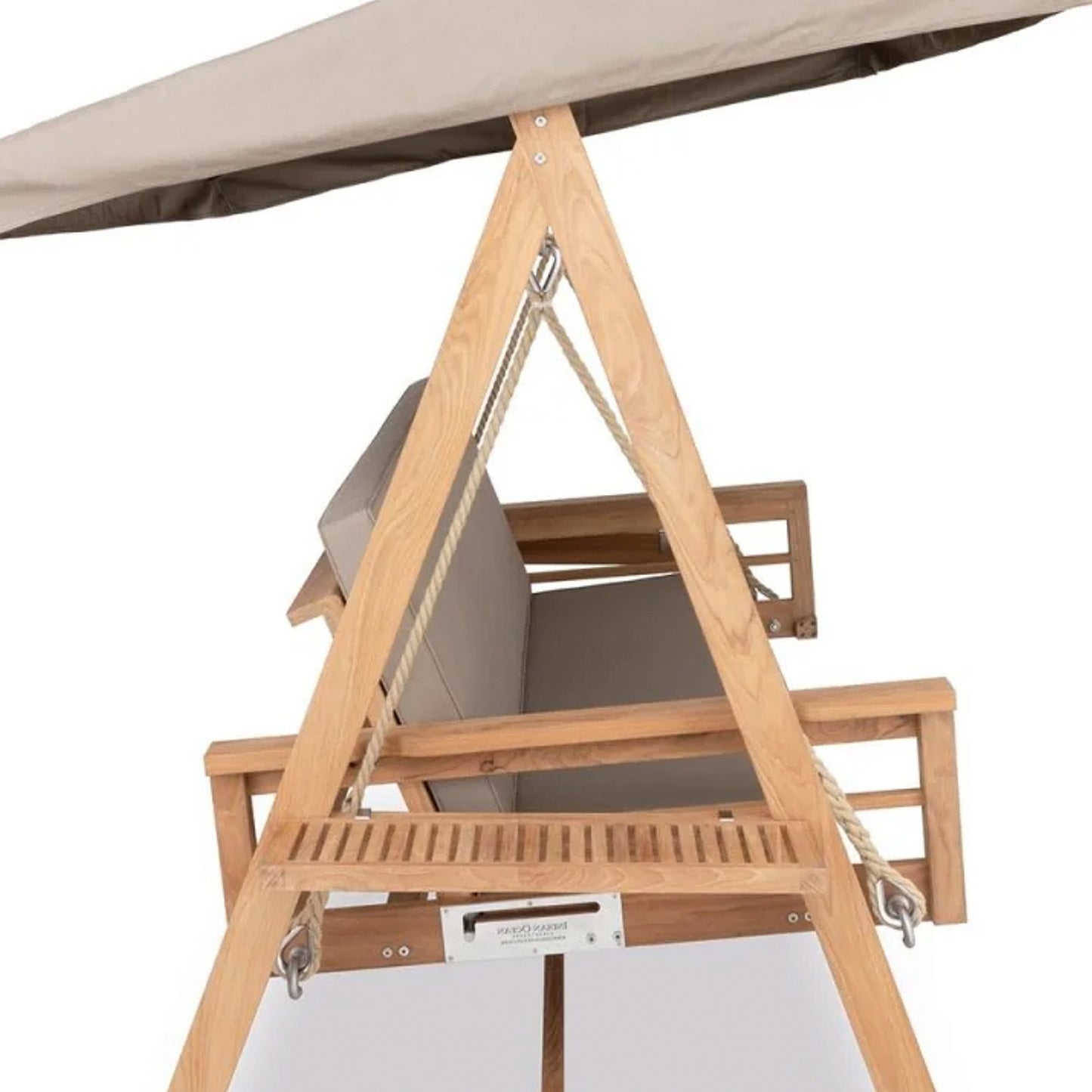 Wooden SULTAN swing bed with beige cushions and canopy, showcasing sturdy A-frame design for outdoor relaxation.